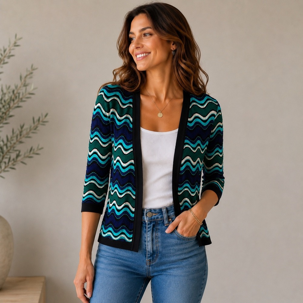 Missoni VTG Cardigan Women 40 Teal Green Zigzag Knit Italian Luxury Open Front